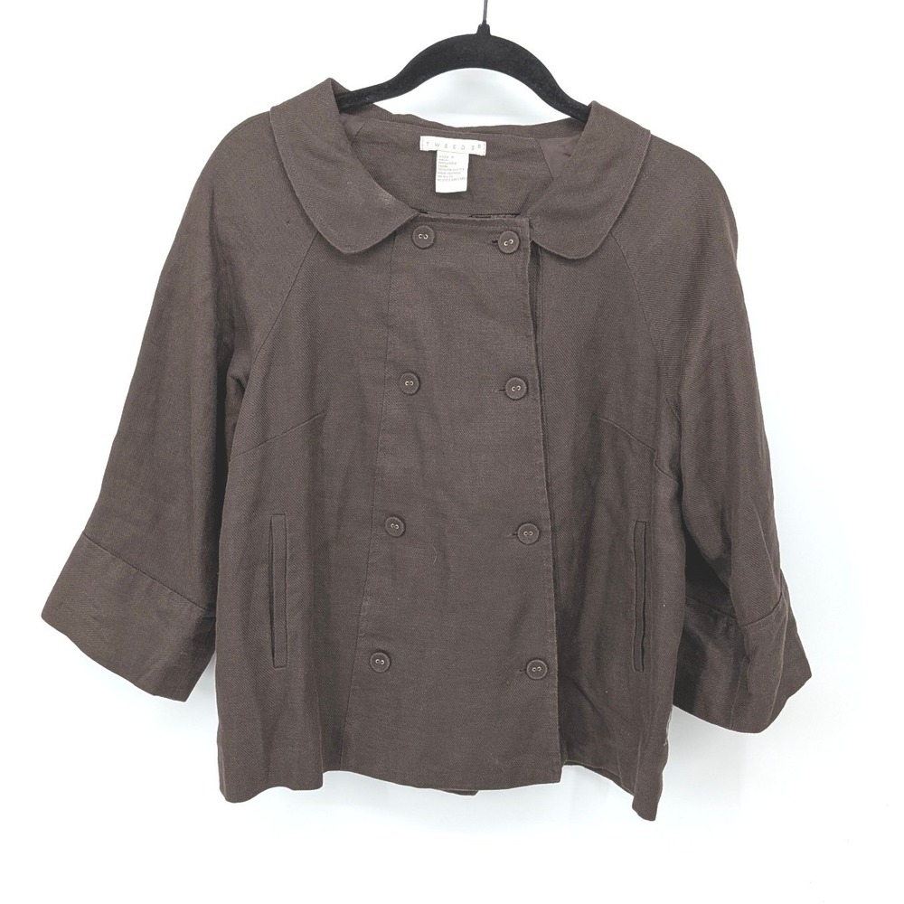 Tweeds Linen Jacket Womens Small Brown Double Breasted Peter Pan Collar Crop